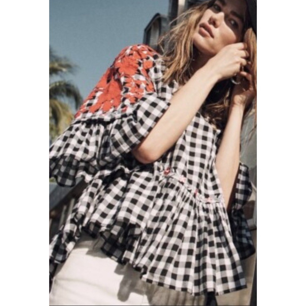 $148 Anthropologie Pankaj Nidhi Gingham  Swing Skirted Embroidered Top‎ Size S m